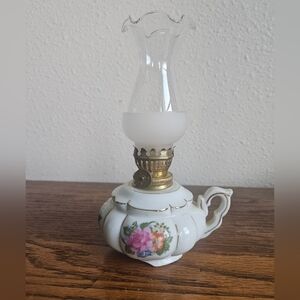 Vintage Small Glass Oil Kerosene Lamp Hand Painted Flower
